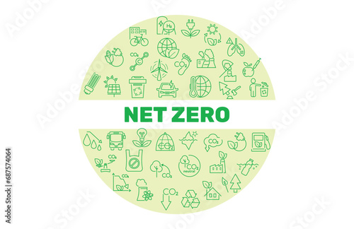 Net zero circle green banner. Carbon neutral concept. wind turbine, bicycle,light bulb, carbon footprint, ocean cleanup, co2 molecule, recycling, public transportation, green factory. Vector