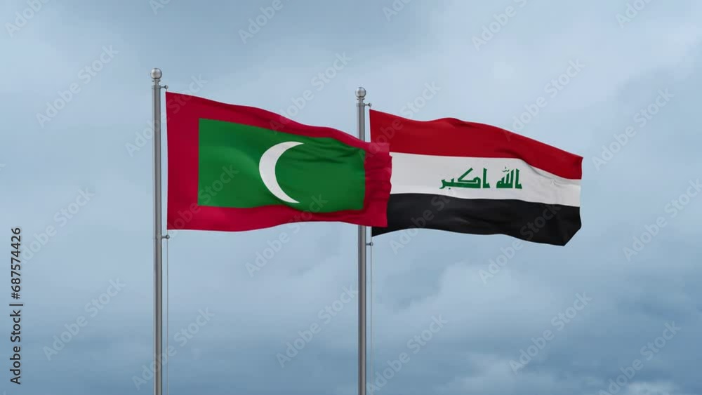 Iraq flag and Maldives flag waving together on blue sky, looped video Iraq flag and Maldives flag waving together on blue sky, looped video