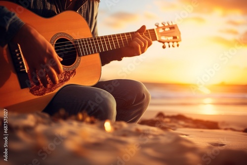 Persona tocando una guitarra frente a un atardecer de playa, creando un ambiente relajado y musical photo