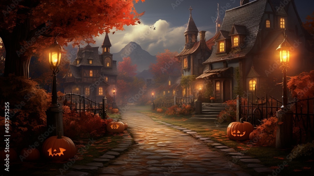 A charming autumn village with quaint cottages and pumpkins lining the streets - obrazy, fototapety, plakaty 