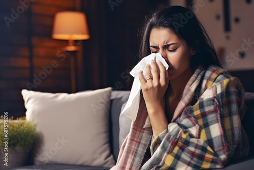 Unhappy sad young indian female in plaid suffering from fever and flu on sofa, blowing nose in napkin.