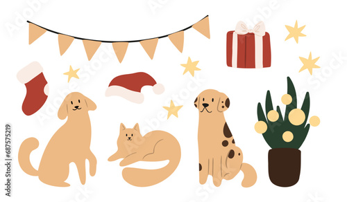 Set of Merry Christmas festive interior illustrations vector clipart, decorated Christmas tree, present, fireplace, xmas home decore, Flat style images.