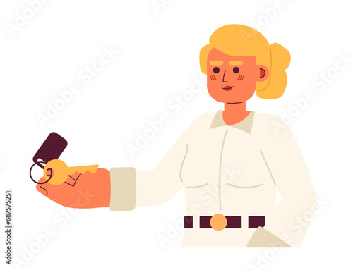 Blonde caucasian female apartment renter 2D cartoon character. European adult woman receiving key isolated vector person white background. Rental tenant lady color flat spot illustration