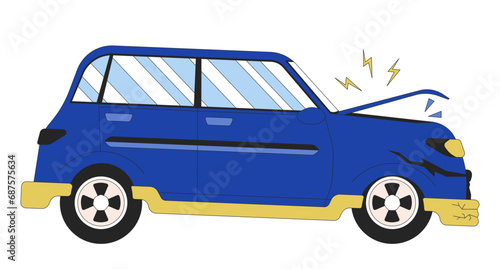 Car accident 2D linear cartoon object. Damaged vehicle side view isolated line vector element white background. Distracted driving transport. Front end damage automobile color flat spot illustration