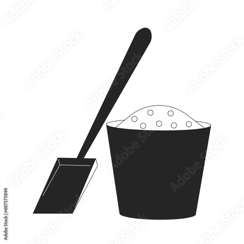 Salt sand mix container with shovel black and white 2D line cartoon object. Outdoor salt storage bucket isolated vector outline item. Keep slippery walkways safe monochromatic flat spot illustration