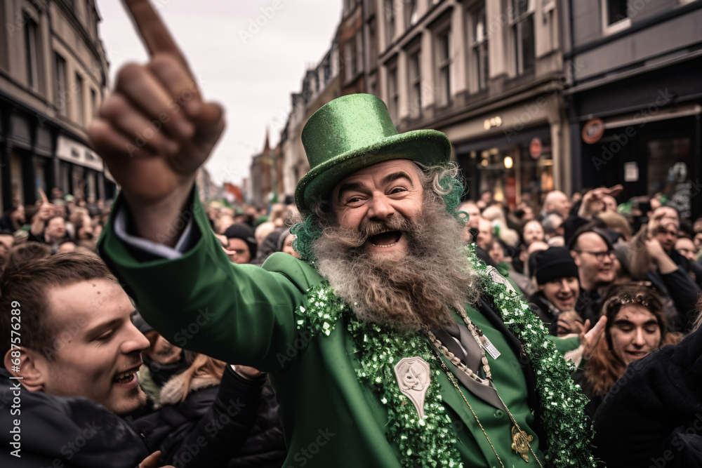 Obraz premium A celebratory man in a big festive green hat celebrates St. Patrick's Day. People gather and wait in the streets of the city for the start of the parade. Traditional Irish celebration day.