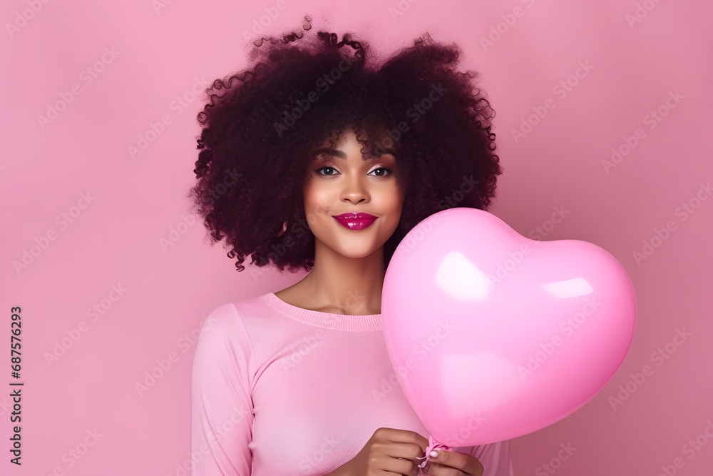 Beautiful young African woman with a balloon in the shape of heart. Valentine's Day background. Beautiful young African woman with a balloon in the shape of heart. Valentine's Day background.