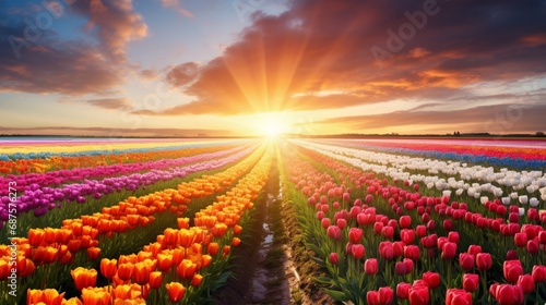 A springtime scene in a tulip field with rows of vibrant blooms stretching to the horizon