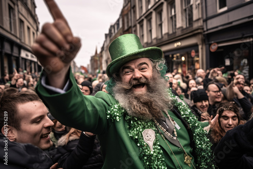 A celebratory man in a big festive green hat celebrates St. Patrick's Day. People gather and wait in the streets of the city for the start of the parade. Traditional Irish celebration day.