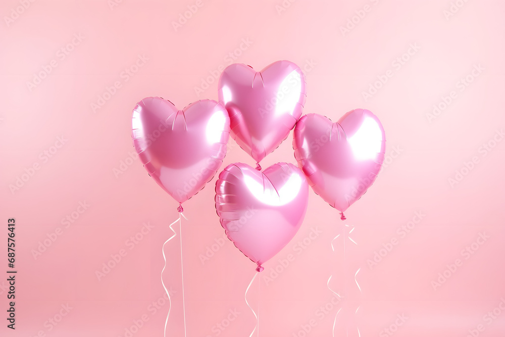 Pink hearts foil balloons on pink background. Happy Valentine's Day.