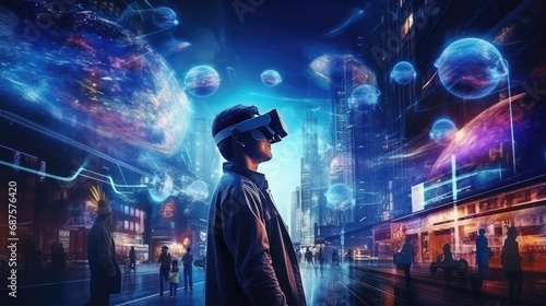 Illustration of living in the city of cyberpunk simulation and metaverse futuristic neon light glow, vr virtual reality
