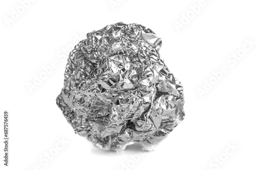 Crumpled aluminium foil close up on a white background