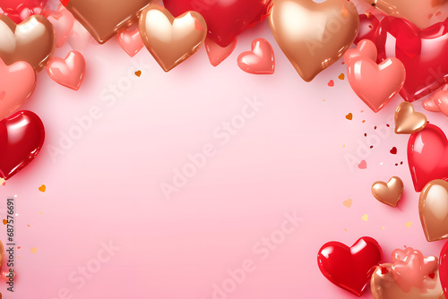 Red and gold hearts foil balloons on pink background. Happy Valentine's Day.
