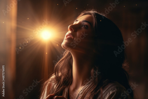 Woman basking in radiant light. Concept of spiritual awakening.