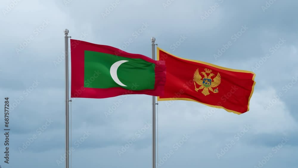 Montenegro and Maldives flag waving together on cloudy sky, endless seamless loop, two country cooperation concept Montenegro and Maldives flag waving together on cloudy sky, endless seamless loop, two country cooperation concept