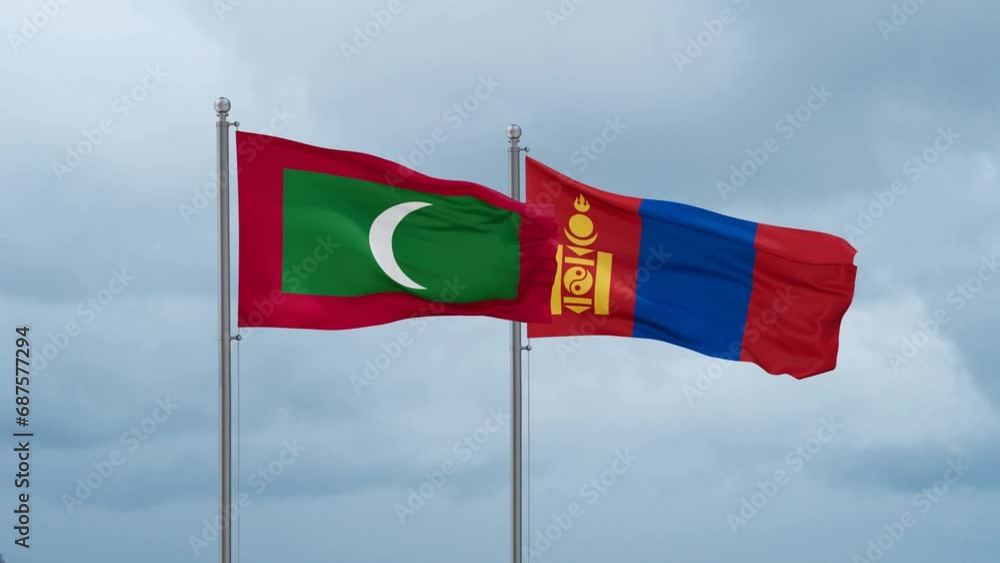 Mongolia and Maldives flag waving together on cloudy sky, endless seamless loop, two country cooperation concept Mongolia and Maldives flag waving together on cloudy sky, endless seamless loop, two country cooperation concept