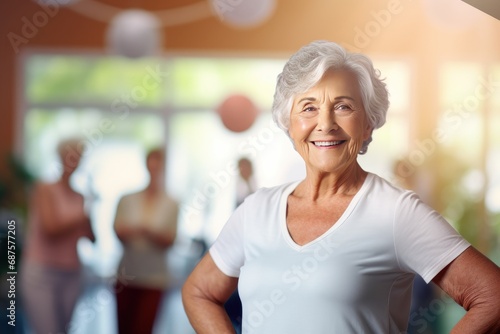 Happy beautiful granny in the gym photo