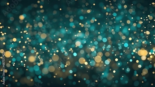 Teal green and gold abstract glitter bokeh background.