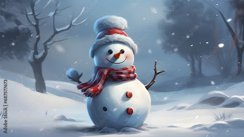 Fototapeta premium 3d rendering of a snowman with a red scarf on his head.
