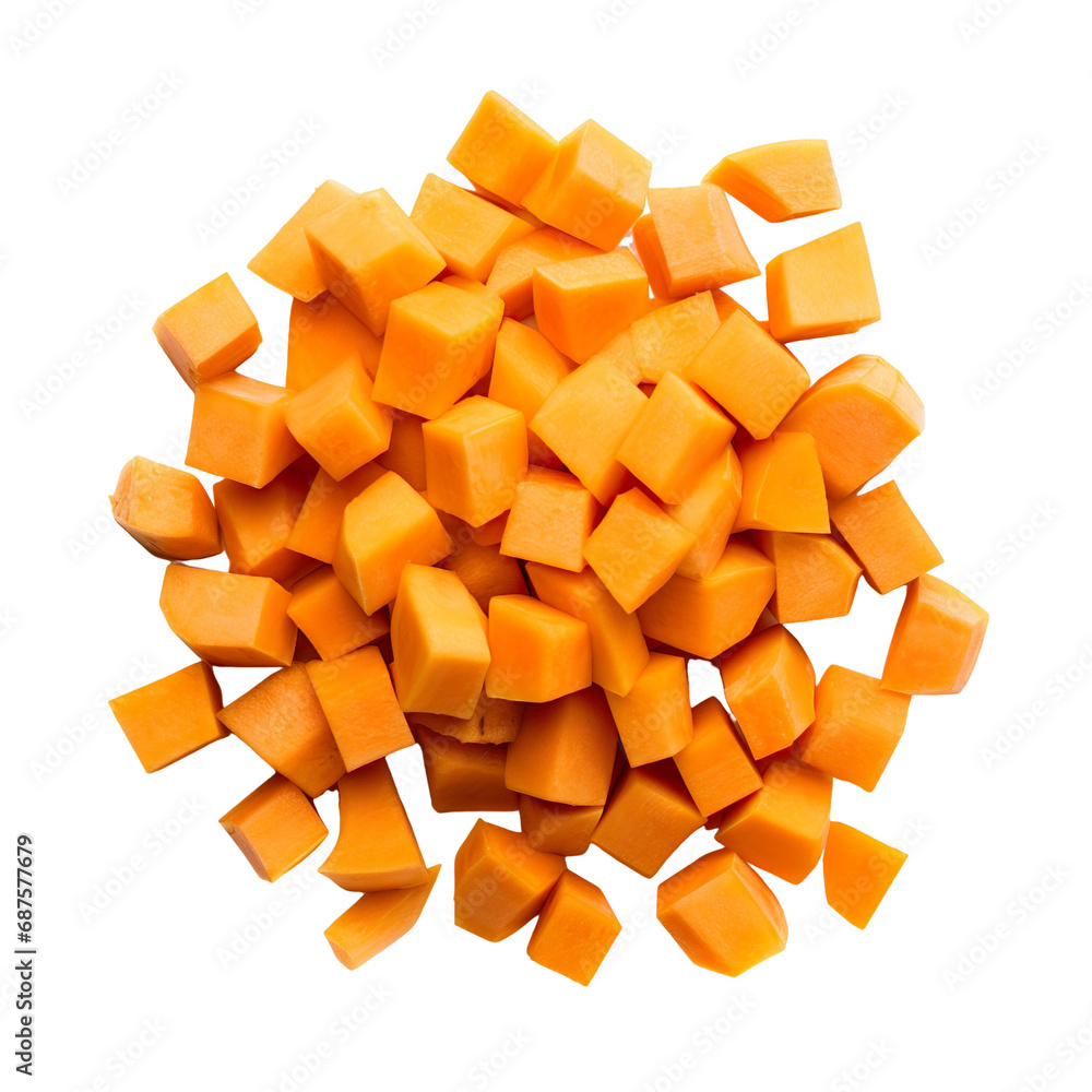 top view of diced vegetable sweet potato isolated on a white transparent background 