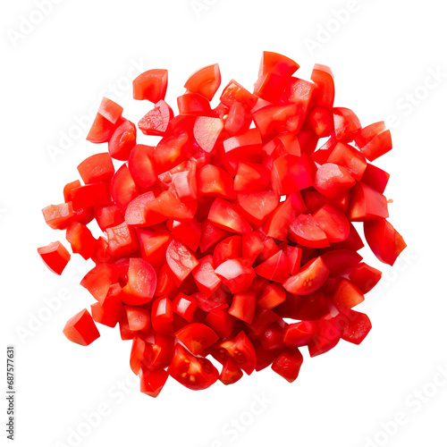top view of diced vegetable tomatoes isolated on a white transparent background 