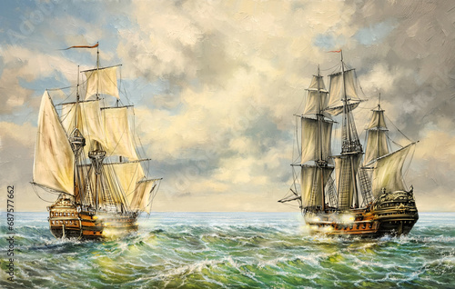 Sea paintings landscape. Old sailing ships. Naval ships fighting, tall masted sailing ships on the ocean battle, vintage style. Fine art