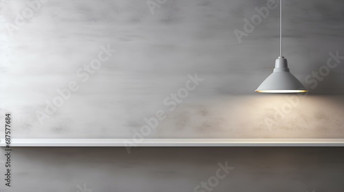 Empty white shelf hanging on the concrete wall with light ceiling lamp, vector design. generative AI