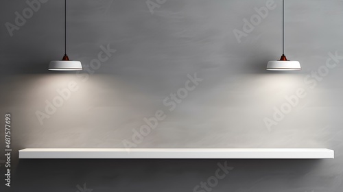 Empty white shelf hanging on the concrete wall with light ceiling lamp  vector design. generative AI