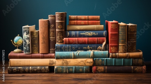 An arrangement of vintage, well-loved books, their pages filled with wisdom and tales of adventures.