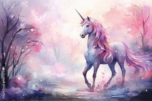 Magical forest with flowers and Unicorn in pastel colors  watercolor illustration