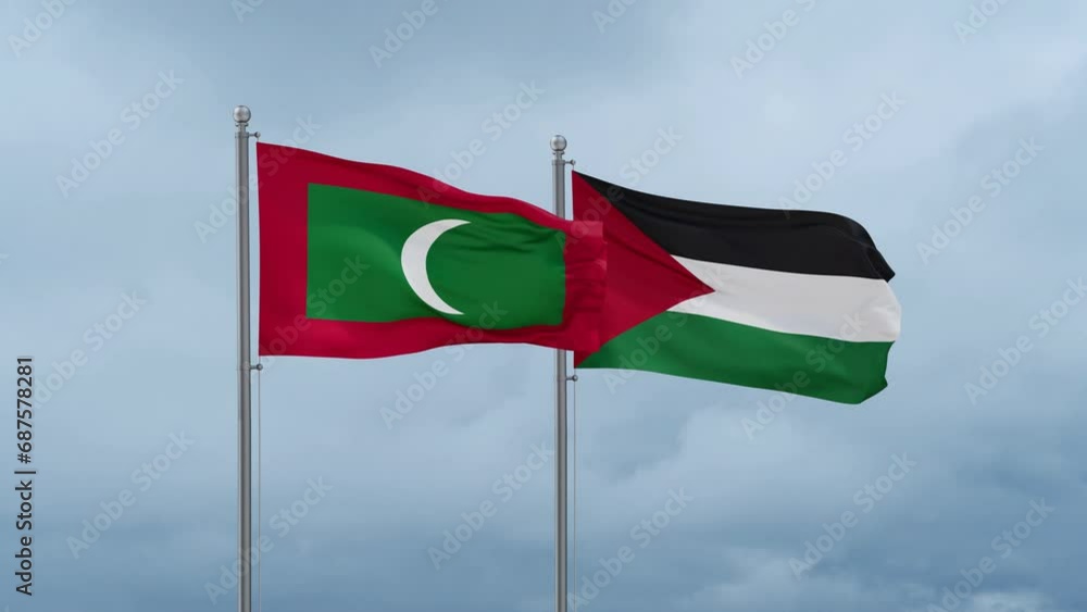 Palestine and Gaza Strip flag and Maldives flag waving together on blue sky, looped video Palestine and Gaza Strip flag and Maldives flag waving together on blue sky, looped video