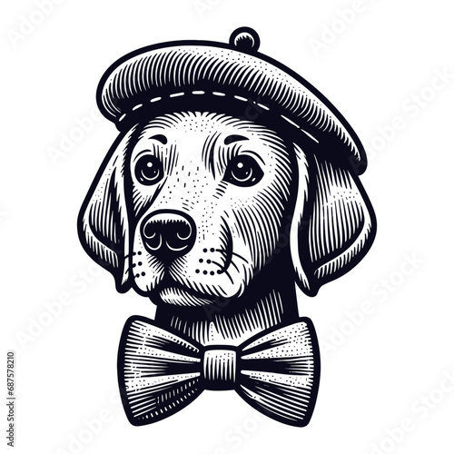 dog wearing a beret and bow tie vector sketch
