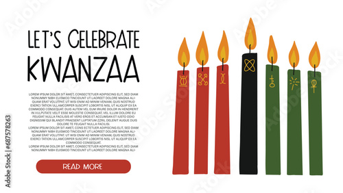 Vector banner for Kwanzaa with kinara candles - red, black, green with hand drawn symbols of seven principles of Kwanza and copy space for text. Cute simple hand drawn style photo