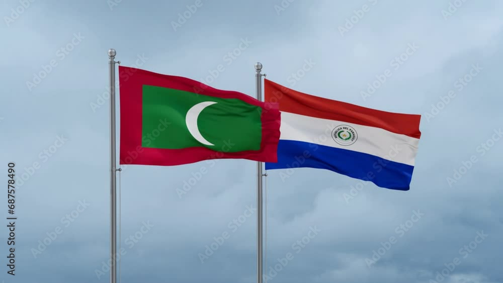 Paraguay flag and Maldives flag waving together on cloudy sky, endless seamless loop, two country relations concept Paraguay flag and Maldives flag waving together on cloudy sky, endless seamless loop, two country relations concept