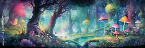 Mystical mysterious fairy tale forest  watercolor illustration  banner
