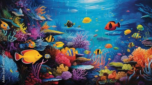 An array of tropical fish  their scales a vivid spectrum of colors  swimming in a brilliantly colored coral reef.