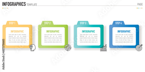 Rectangular infographic template or element with 4 step, process, option, colorful rectangle, icons, folder, paper origami, button, tag, circle, circular, square bar for sale slide, internet planner