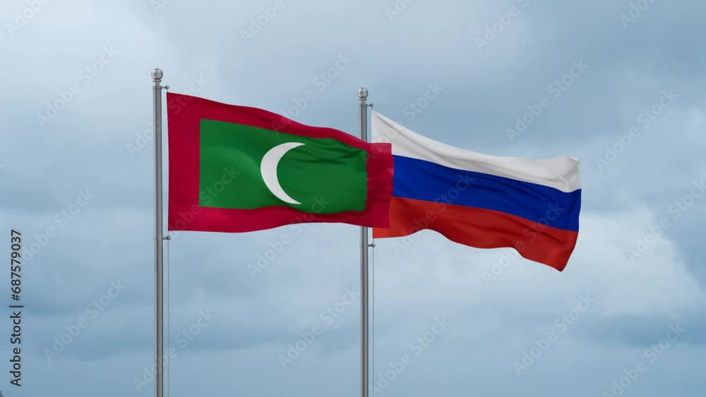 Russian Federation and Maldives flag waving together on cloudy sky, endless seamless loop Russian Federation and Maldives flag waving together on cloudy sky, endless seamless loop