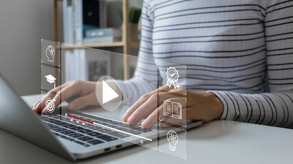 learning online concept.Woman hand using laptop computer study e-learning online education training for personal development and Professional.study online, Digital courses to develop new skills.