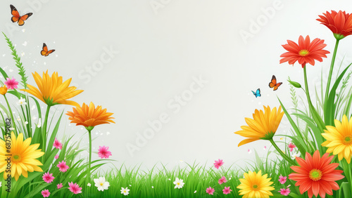Field of Blooming Flowers and Fluttering Butterflies Against a Serene White Background
