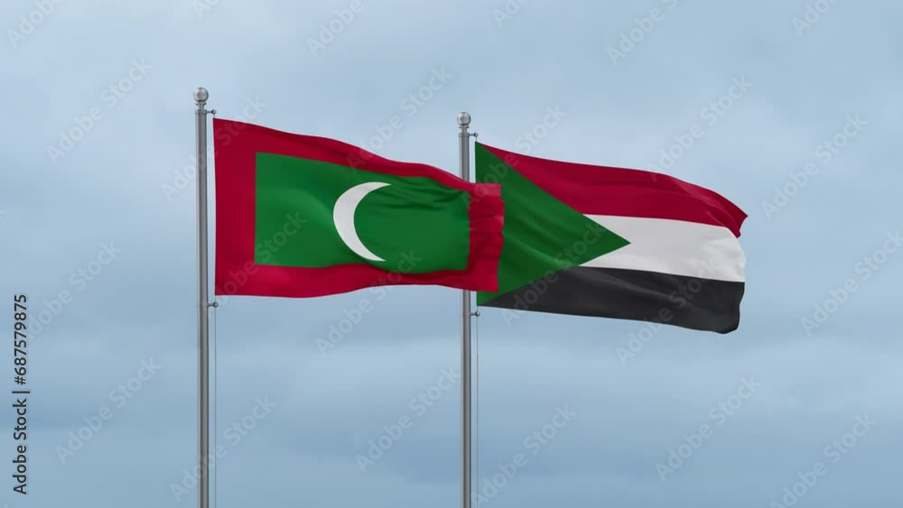Sudan and Maldives flag waving together on cloudy sky, endless seamless loop, two country cooperation concept Sudan and Maldives flag waving together on cloudy sky, endless seamless loop, two country cooperation concept