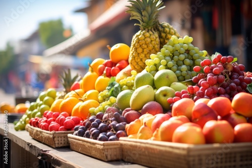 Seasonal fresh fruits at a street outdoor market  variety of organic local products