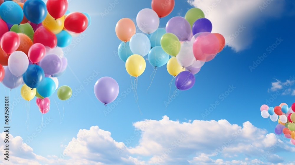 An assortment of vibrant, helium-filled balloons rising against a sunny, blue sky, creating a cheerful and buoyant atmosphere.