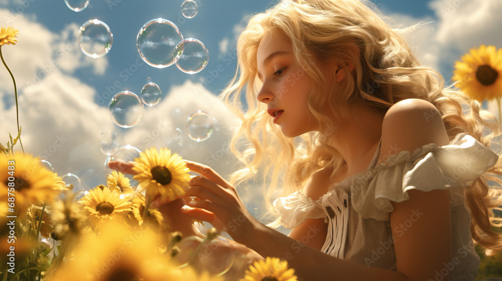 Girl in a Princess Dress Blowing Bubbles in a Sunflower Field: A Fairytale of Joyful Innocence Amidst Nature's Golden Beauty. Concept of Whimsical Adventure, Floral Magic, and Childhood Dreams.
