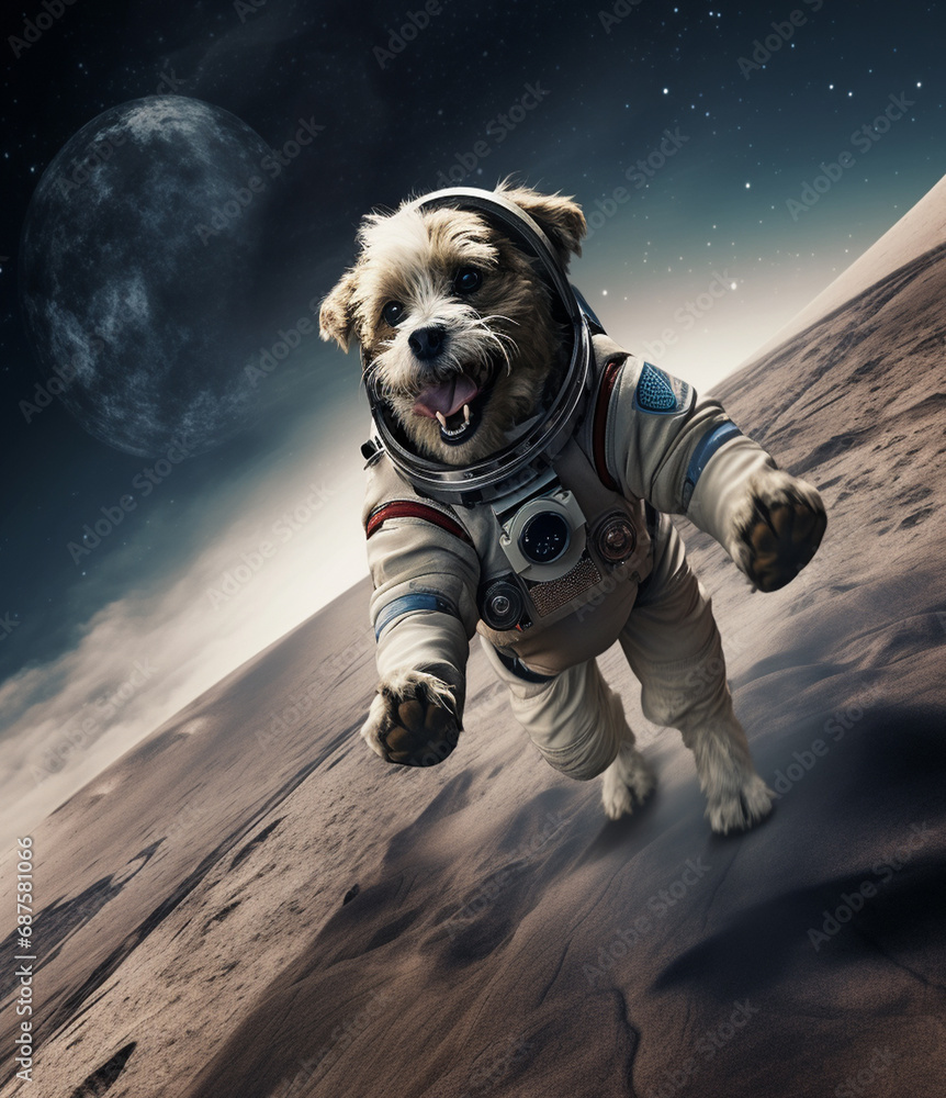dog on the moon. A dog in a spacesuit skateboarding on the moon.