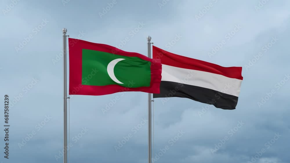 Yemen and Maldives flag waving together on cloudy sky, endless seamless loop, two country cooperation concept Yemen and Maldives flag waving together on cloudy sky, endless seamless loop, two country cooperation concept