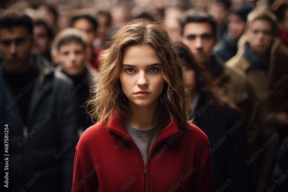 Fototapeta premium Against the Stream one defiantly unique individual facing the camera while a crowd fades into the background, ideal for conveying nonconformity or independence.