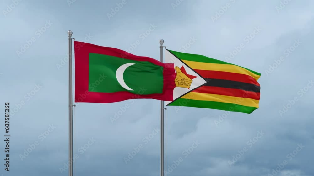 Zimbabwe and Maldives flag waving together on cloudy sky, endless seamless loop, two country cooperation concept Zimbabwe and Maldives flag waving together on cloudy sky, endless seamless loop, two country cooperation concept