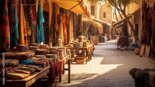 An exotic street market filled with vibrant textiles and handcrafted goods, a display of the rich and lively culture of the region.