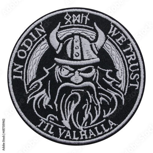 Embroidered patch In Odin We Trust. Til Valhalla. Viking style. Thor, Asatru. Accessory for metalheads, punks, rockers, bikers, satanists, emo, street aggressive subcultures.